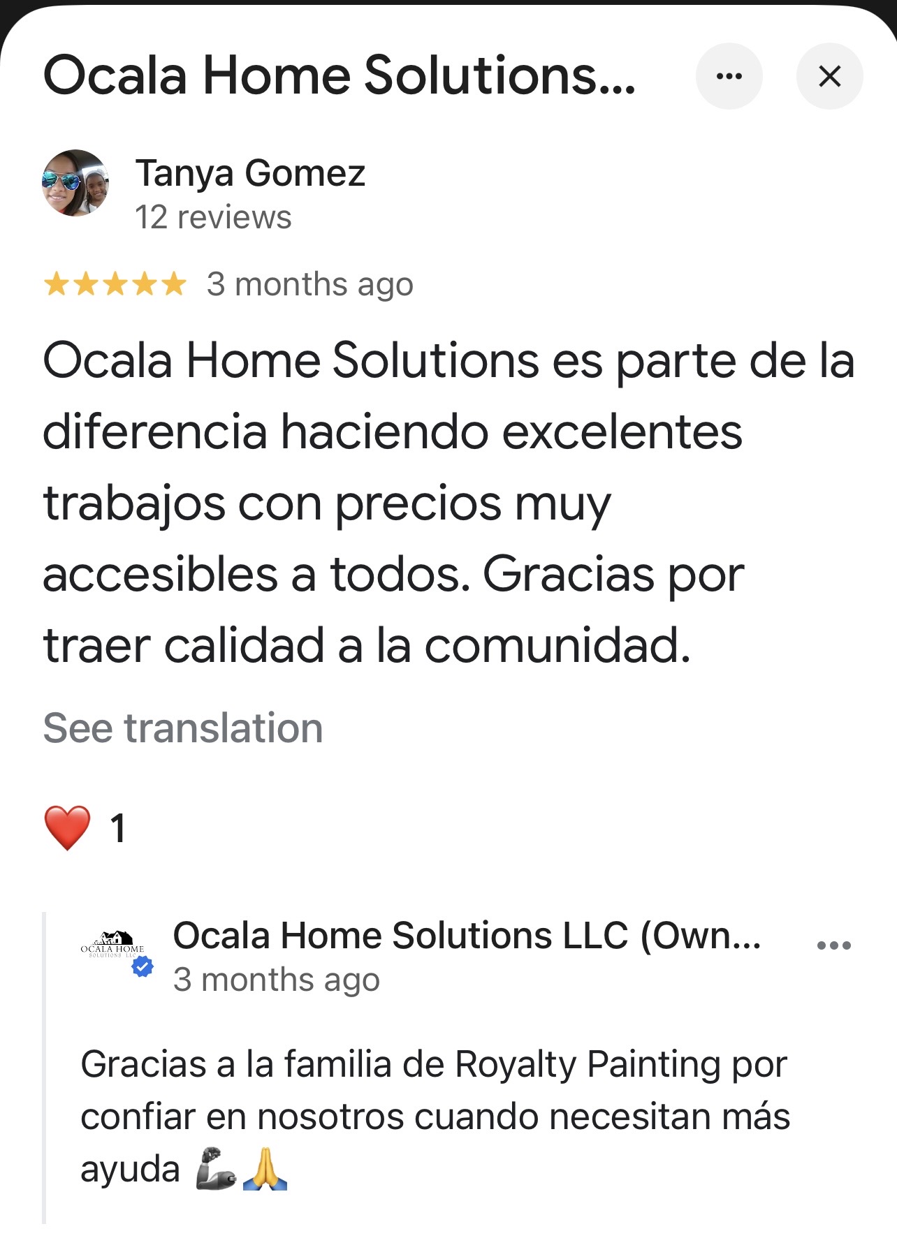 Captura original de la reseña de cinco estrellas de Tanya Gomez en Google