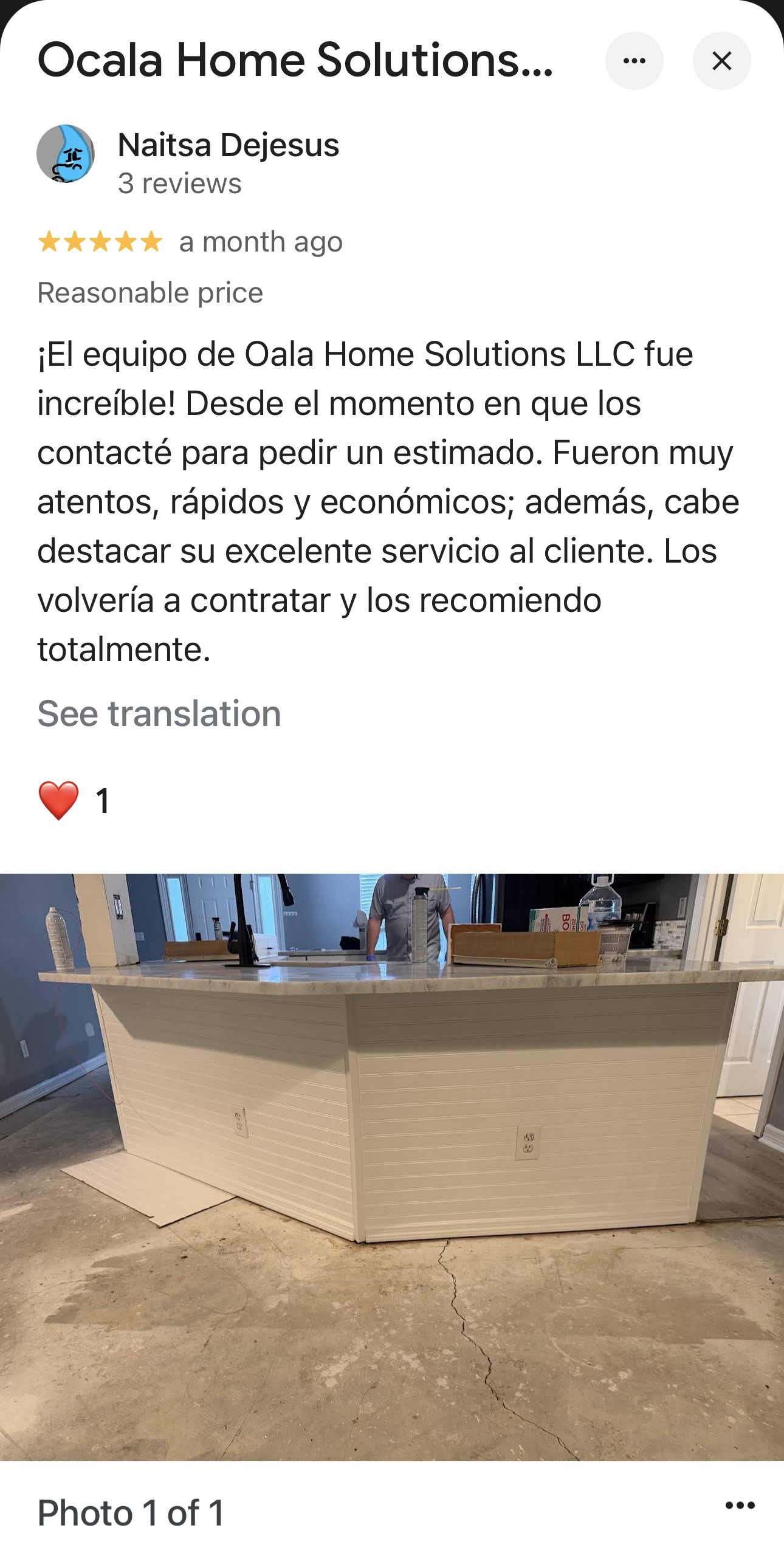Captura original de la reseña de cinco estrellas de Naitsa Dejesus en Google